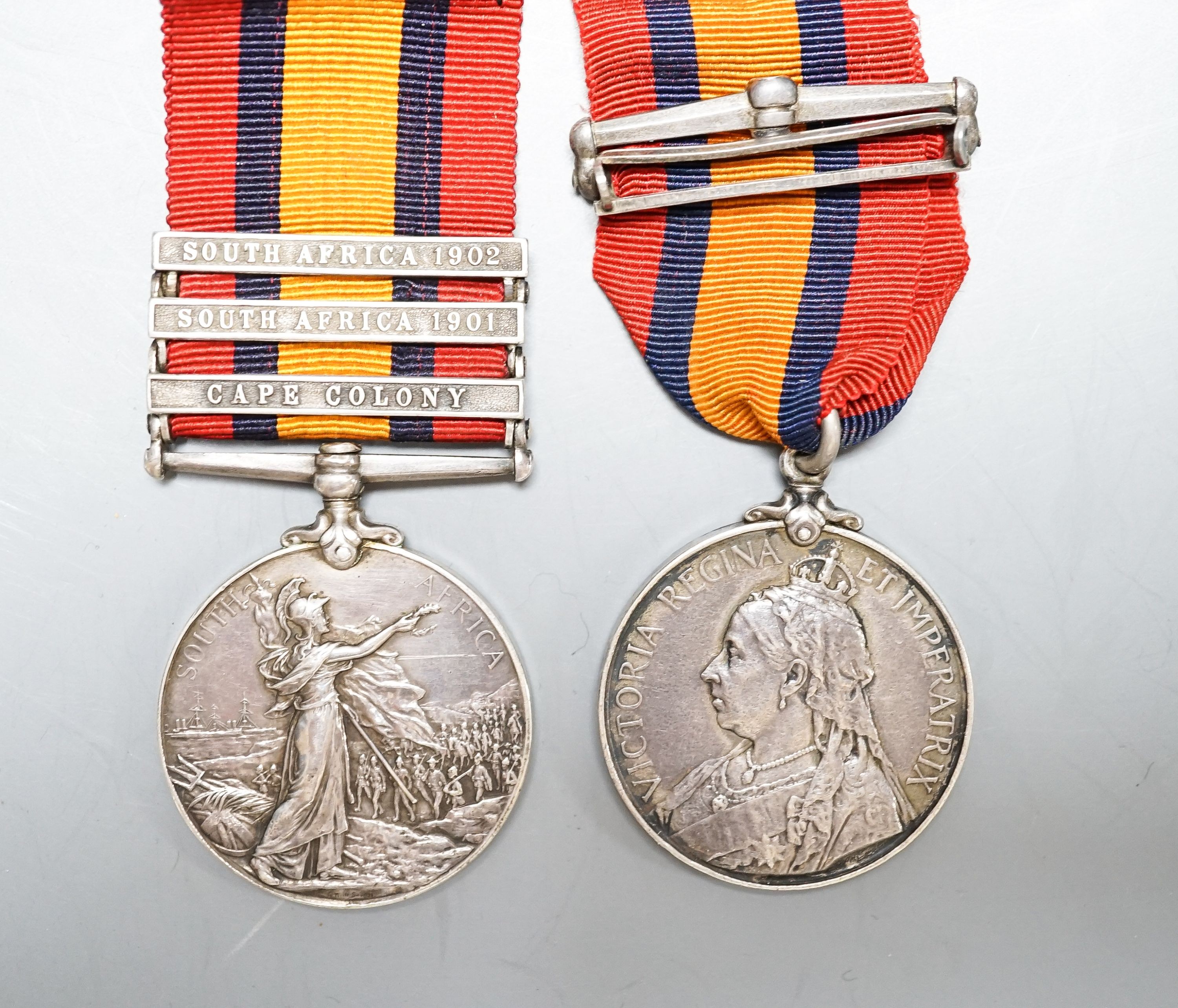 Two QSA medals to 2557 PTE. C. ROFFE : RL : WT: SURREY REGT. with Relief of Ladysmith clasp, and to 1046 PTE. E.N. WILLIAMS. CAPE POLICE. with South Africa 1901 and 1902 and Cape Colony clasps